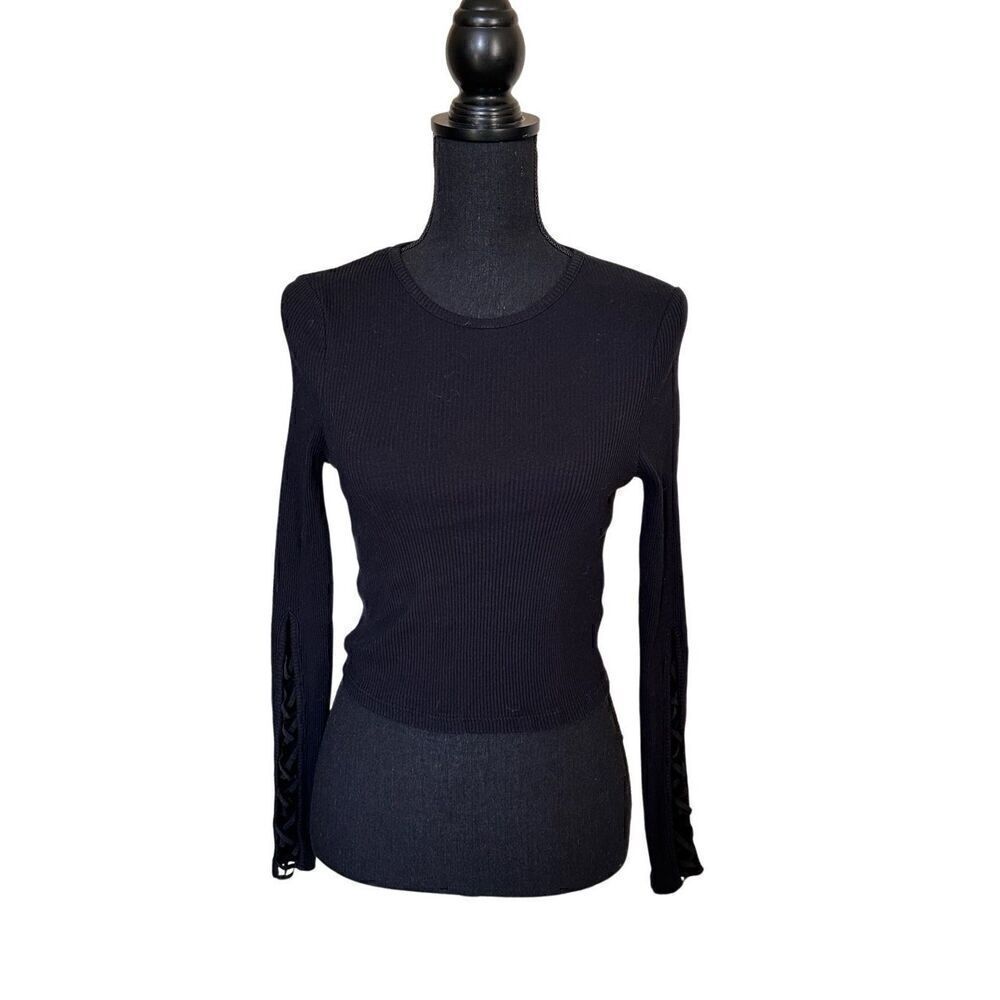 TopShop Womens Ribbed Sweater US 10 Black Stretch with Cutout Sleeve Detail